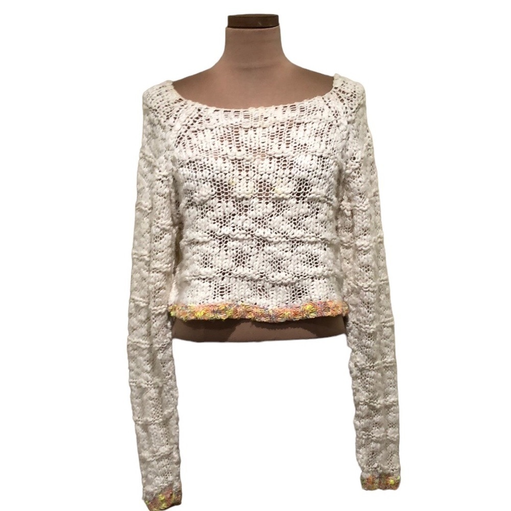 Free People West Palm Sweater Size Small Ivory Open Knit Cropped Pullover